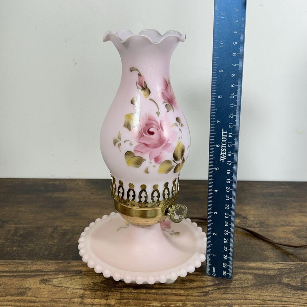 VTG Pink Hurricane Lamp Hand Paint Roses Milk Glass Works 11” Scalloped Hobnail - Picture 8 of 11